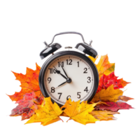 Alarm clock on colorful autumn leaves isolate on transparent background png