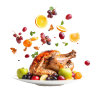 Roasted turkey with apples, grapes, orange and fruit falling in the air into plate isolate on transparent background png