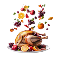 Roasted turkey with apples, grapes, orange and fruit falling in the air into plate isolate on transparent background png