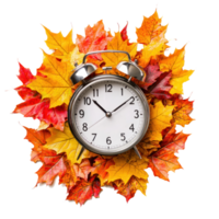 Alarm clock on pile of colorful autumn leaves top view isolate on transparent background png