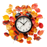 Alarm clock on pile of colorful autumn leaves top view isolate on transparent background png