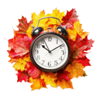 Alarm clock on colorful autumn leaves isolate on transparent background png