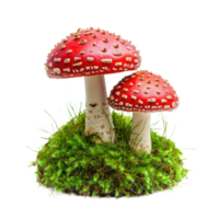 Red fly agarics in green moss front view isolate on transparent background png
