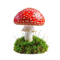 Red fly agarics in green moss front view isolate on transparent background png