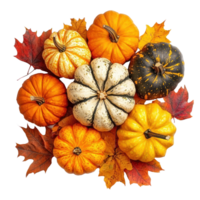 Colorful Pumpkins heap on autumn leaves top view isolate on transparent background png