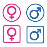 Male and female gender symbols in circles and squares in blue and pink vector