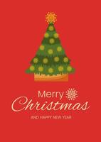 Merry Christmas and New Year greeting card on a red background. Christmas tree decorated with yellow snowflakes. vector