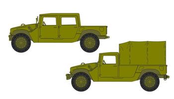 Two army trucks with the same color and shape vector