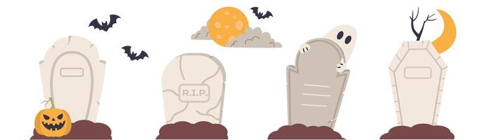 Set of Halloween grave. illustration in flat cartoon style isolated on white background. vector