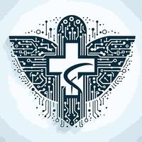 A cross and a heart with electronic circuitry vector