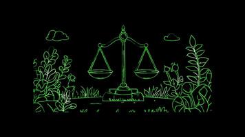 Neon frame effect, Scales of Justice representing fairness in business, contracts, and law on black background video