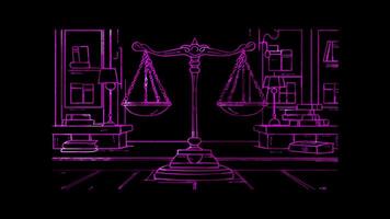 Neon frame effect, Scales of Justice representing fairness in business, contracts, and law on black background video