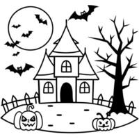 a spooky haunted house with broken windows, bats flying around, a full moon in the background, and vector