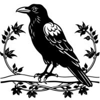a black-and-white illustration features a crow perched centrally on a branch, facing left with its vector