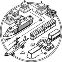 maritime, rail, air and road transport move in the same direction 3d, illustration line art vector