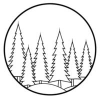 conifers forrest inside circular outline, minimalistic, black and white, illustration line vector