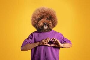 A playful dog with a fluffy coat is wearing a vibrant purple shirt, standing on its hind legs. The dog shapes a heart with its paws while posing against a cheerful yellow backdrop photo