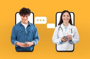 A young man engaged in a telemedicine session with a lady doctor, who is wearing a white coat and holding a smartphone. Both appear on a bright yellow background, communicating via their devices. photo
