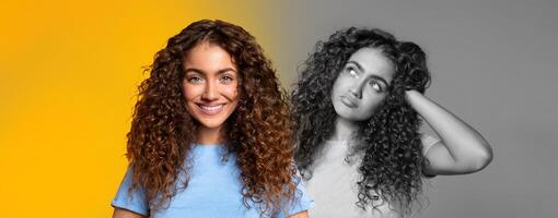 A young woman smiles brightly while standing against yellow background, captured in two contrasting styles, one side showcasing joyful expression and the other presenting a more contemplative mood. photo