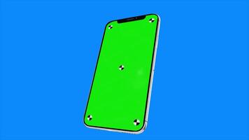 Mobile phone with blank green screen, front view, with for tracking isolated on blue background. 4K animation video