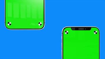 3D render of two smartphone with a green background. Rotating in screen. With a blue screen for easy keying. Computer generated image. Easy customizable with tracker. video