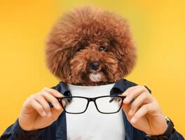 A fluffy dog, resembling a poodle, is amusingly holding a pair of glasses with its paws. The vibrant yellow backdrop enhances the playful nature of the moment, creating a lighthearted atmosphere. photo