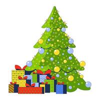 Sparkling Christmas tree with giftboxes stack 2D cartoon object. Fir-tree spruce with glitter ornaments. Christmastree isolated element flat clipart on white background. Spot illustration vector