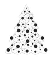 Sparkle twinkling Christmas-tree ornaments black and white 2D line object. Baubles xmas evergreen coniferous. Christmastree isolated clip art outline item. Monochromatic spot illustration vector