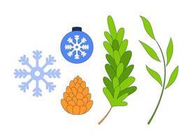 Adornments Christmas 2D cartoon objects set. Snowflake, xmas bauble ornament, pinecone, evergreen twigs isolated elements flat cliparts on white background. Spot illustrations collection vector