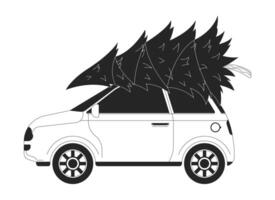 Car with Christmas tree on roof black and white 2D line object. Evergreen coniferous pine tied to vehicle. Automobile xmas tree isolated clip art outline item. Monochromatic spot illustration vector