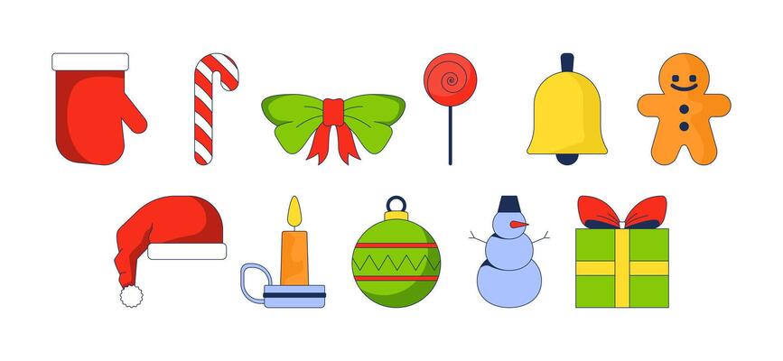 Christmas ornaments 2D cartoon objects set. Xmas adornments. Christmastide festive december decorations isolated elements flat cliparts on white background. Spot illustrations collection