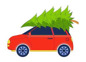 Car with Christmas tree on roof 2D cartoon object. Evergreen coniferous pine tied to vehicle. Automobile xmas tree isolated element flat clipart on white background. Spot illustration vector