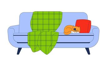 Blanket covered couch cozy with sleeping cat near pillow 2D cartoon object. Comfortable sofa with napping kitten isolated element flat clipart on white background. Spot illustration vector