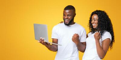 A man and woman are both smiling and looking at a laptop screen with excitement. photo