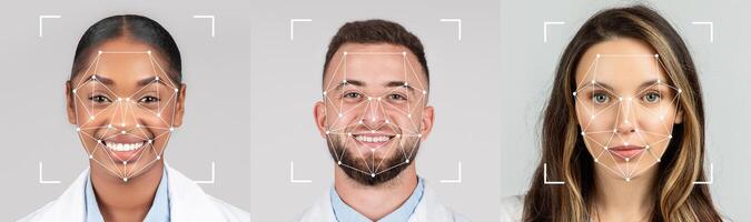 Three individuals in lab coats stand together, each displaying a digital overlay emphasizing facial recognition technology photo