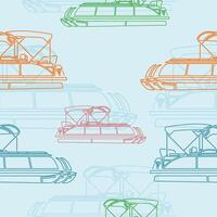 Editable Semi-Oblique Side View Pontoon Boat Vectorized Illustration in Outline Style With Various Colors as Seamless Pattern for Creating Background of Transportation or Recreation Related Design vector
