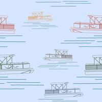 Editable Outline Style Semi-Oblique Side View Pontoon Boat Vectorized Illustration with Various Colors as Seamless Pattern for Creating Background of Transportation or Recreation Related Design vector