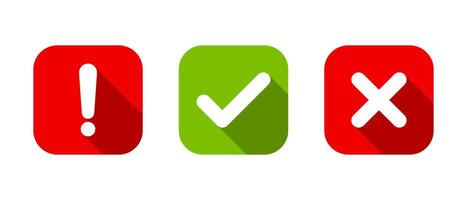 Exclamation mark, tick, and cross icon on square background. Warning, checkmark, and x symbol with long shadow vector