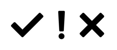 Tick, exclamation mark, and cross sign icon. Checkmark, warning, and x symbol vector