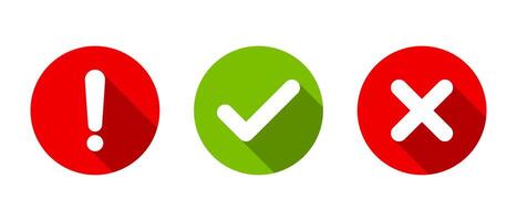 Exclamation mark, tick, and cross icon with long shadow. Warning, checkmark, and x sign symbol vector