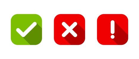 Tick, cross, and exclamation mark icon with long shadow. Checkmark, x, and warning sign symbol vector