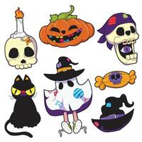 a collection of halloween items including a cat, a witch, and a ghost. vector