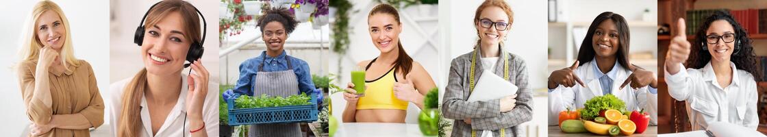 Six women of different ages are featured, each showcasing a healthy lifestyle choice. One woman holds a container of fresh greens, another holds a glass of green juice, another is wearing a sports bra photo