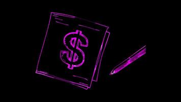Neon frame effect, Document with Dollar Sign symbol of invoicing, billing, and financial reports on black background video