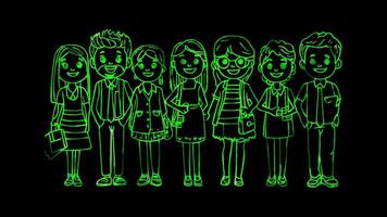 Neon frame effect, Group of People symbolizing teamwork, leadership, and company structure on black background video