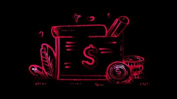 Neon frame effect, Document with Dollar Sign symbol of invoicing, billing, and financial reports on black background video
