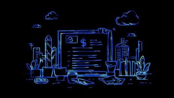 Neon frame effect, Document with Dollar Sign symbol of invoicing, billing, and financial reports on black background video