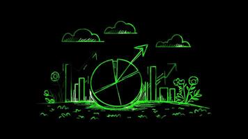 Neon frame effect, Pie Chart with Arrow symbolizing business analysis or market expansion on black background video