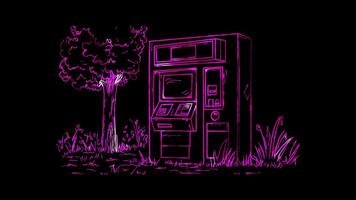 Neon frame effect, ATM Machine representing cash withdrawals and banking services on black background video