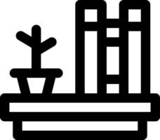 A black and white icon of a book shelf with a plant vector